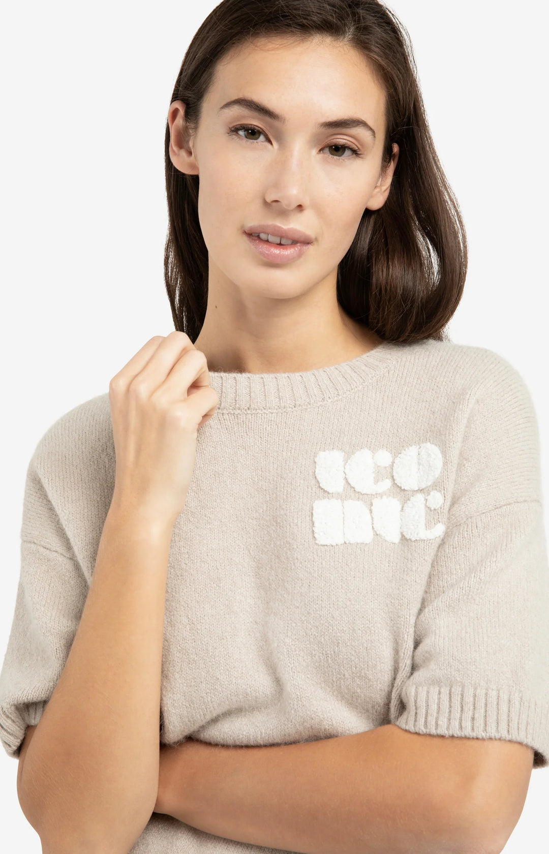 YAYA Artwork Print Short Sleeve Knit Sweater