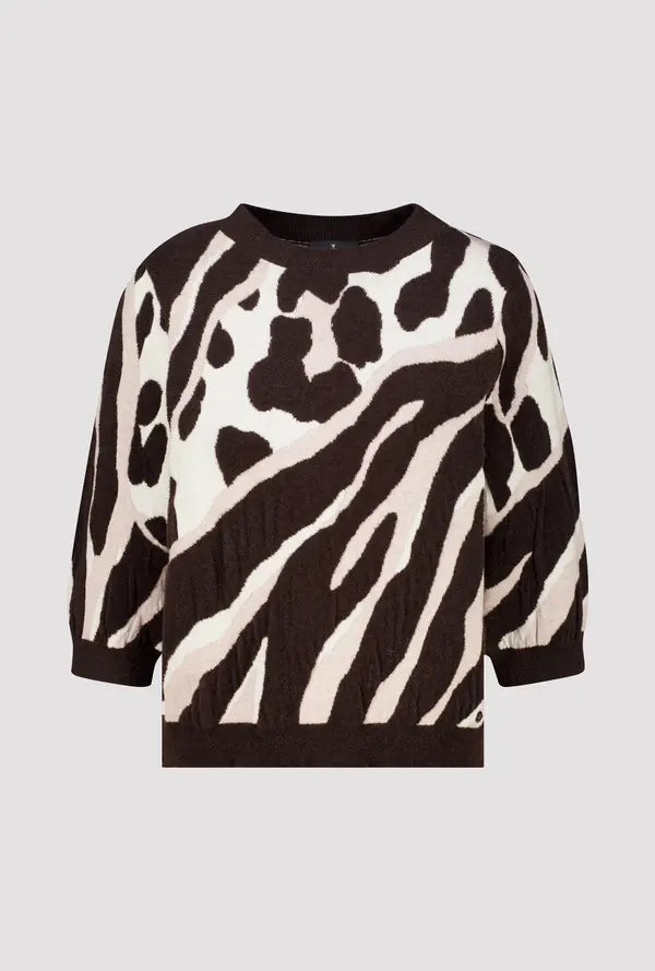 Monari Knitted Jumper with Leopard-Tiger Pattern, Black Coffee