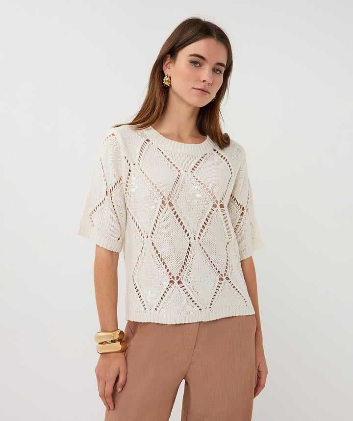 EsQualo Ecru Sweater Ajour Diamond Sequins