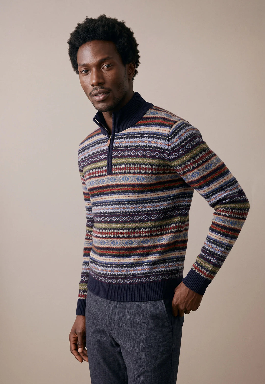 Fynch Hatton Wool Patterned Zip Jumper, Navy