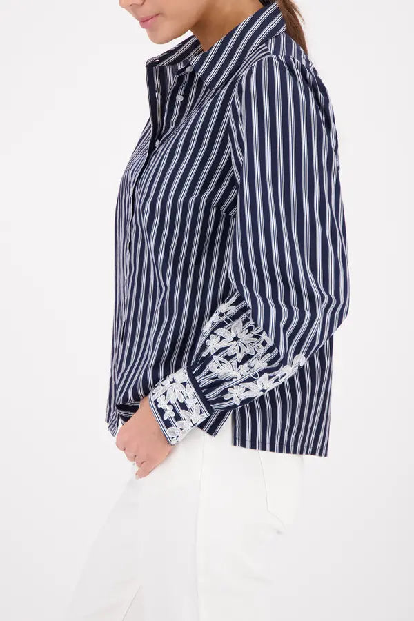 Monari Navy Striped Blouse With Lace