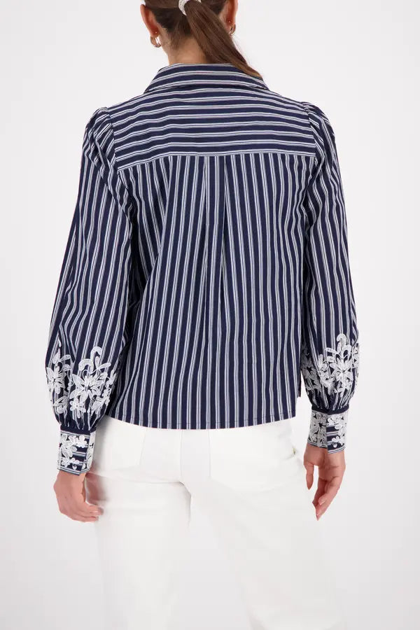 Monari Navy Striped Blouse With Lace