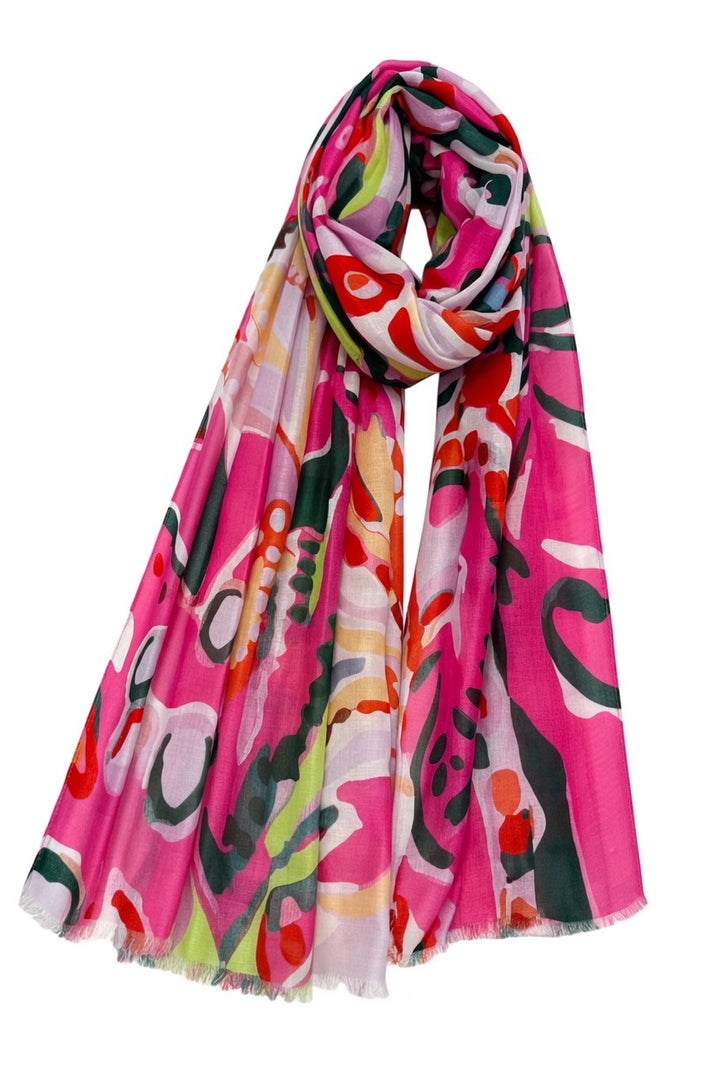 Pink Bold Summer Floral Illustrated Frayed Scarf