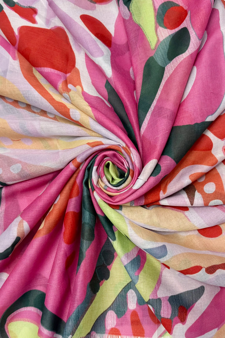 Pink Bold Summer Floral Illustrated Frayed Scarf