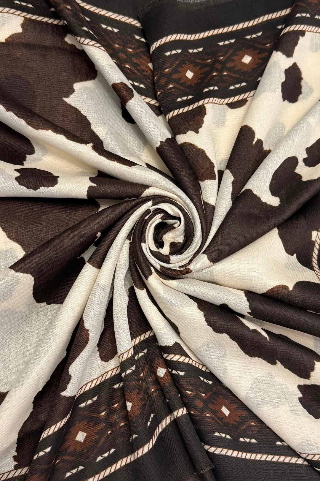 Brown Western Cow Print With Border Frayed Scarf