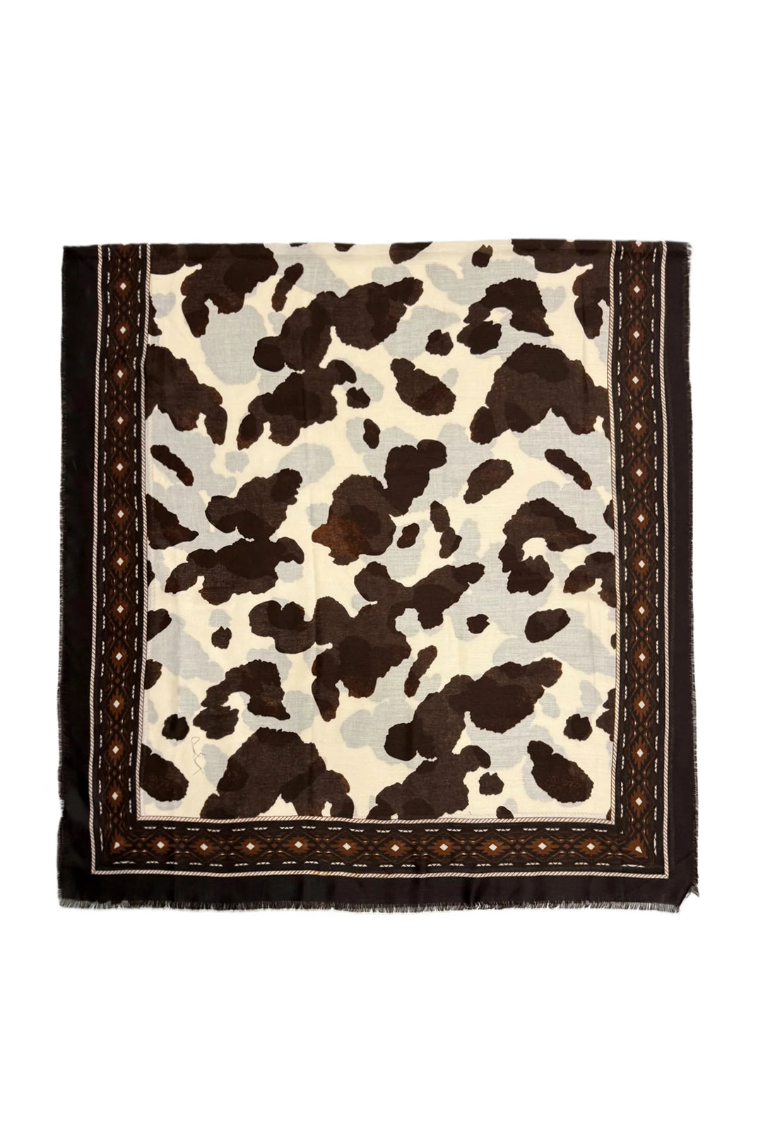 Brown Western Cow Print With Border Frayed Scarf