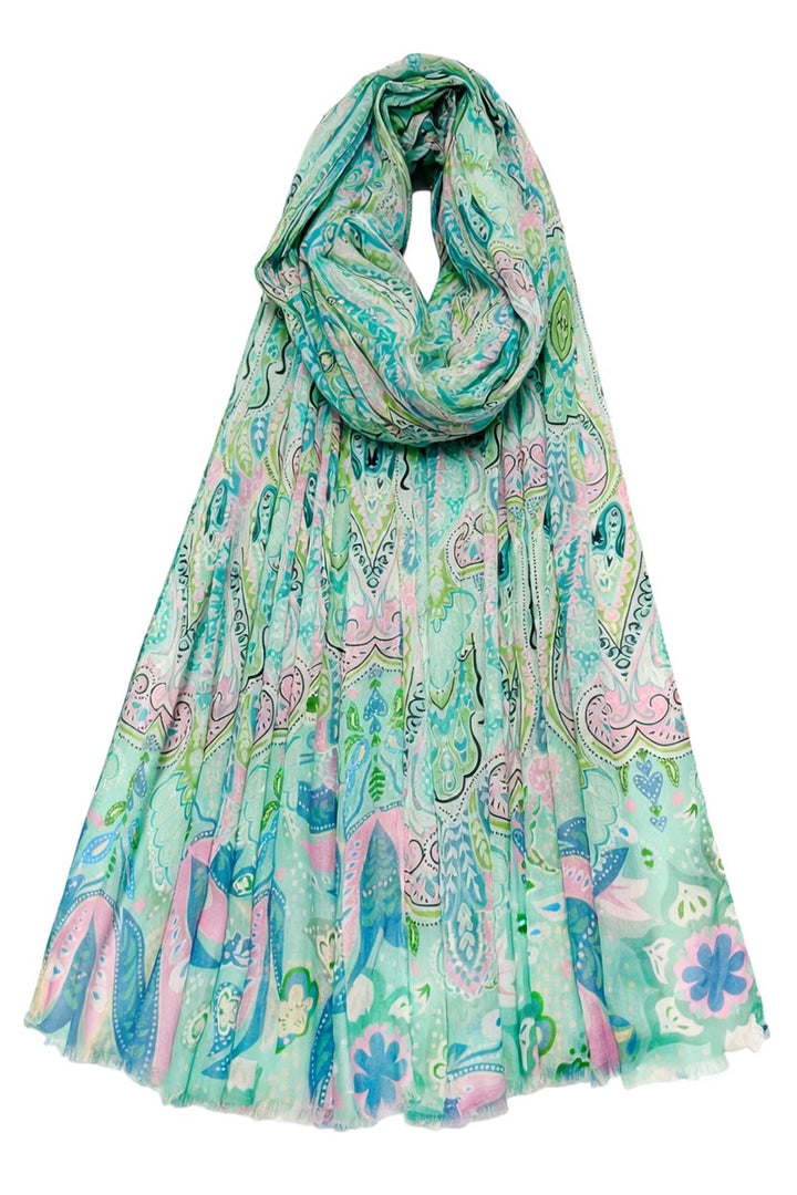Aqua Playful Bohemian Paisley Print Frayed Scarf