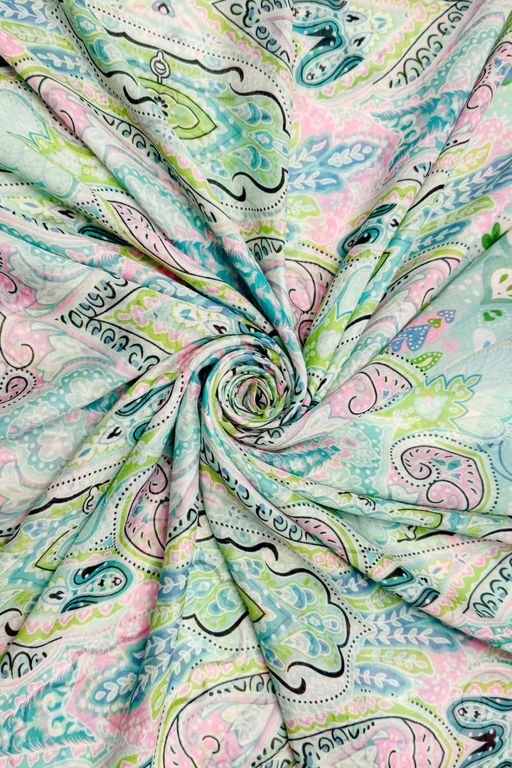 Aqua Playful Bohemian Paisley Print Frayed Scarf