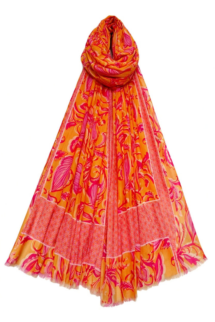 Orange Indian Inspired Leaf Print Frayed Scarf