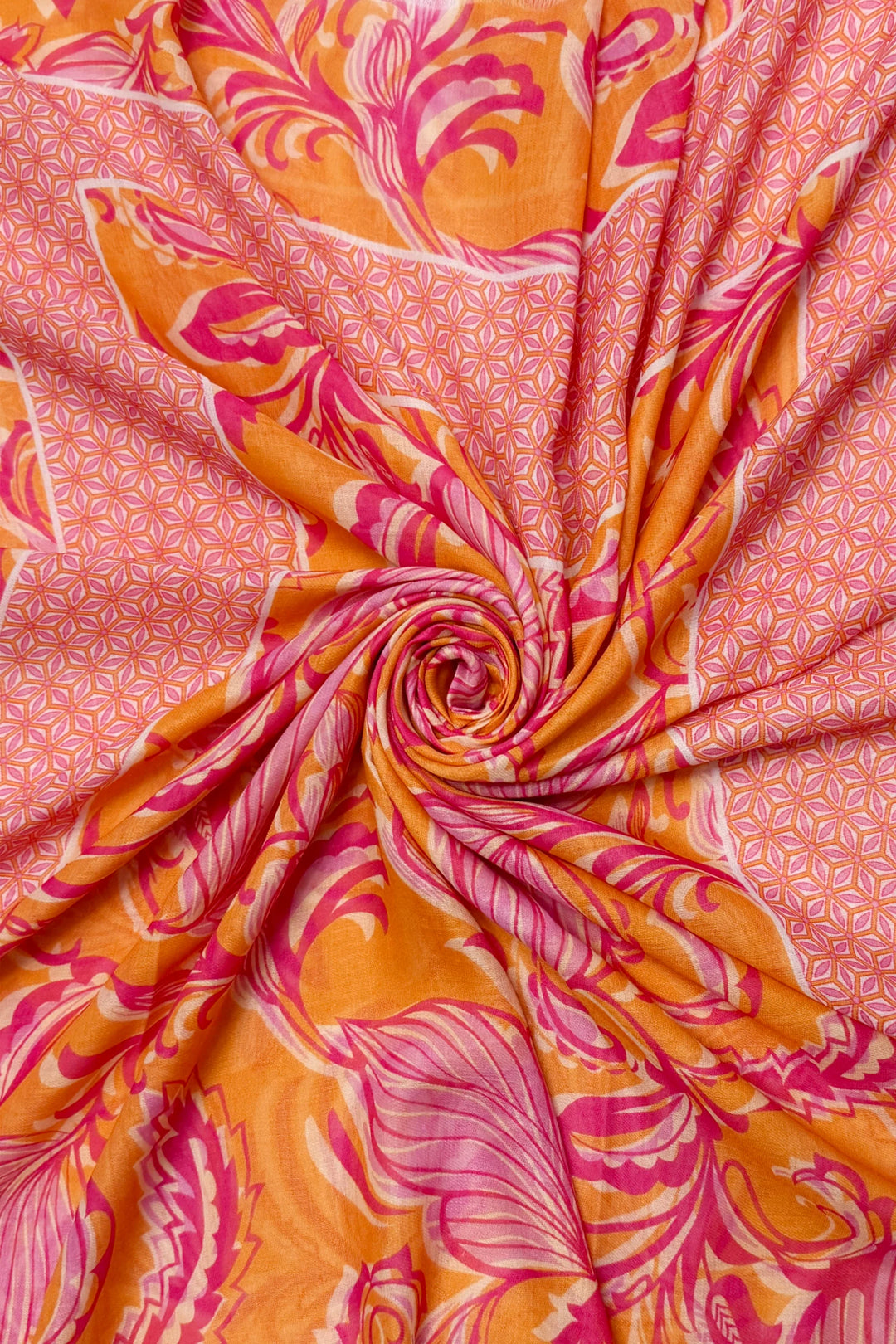 Orange Indian Inspired Leaf Print Frayed Scarf