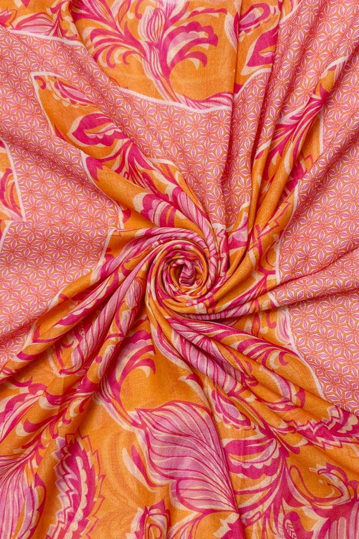 Orange Indian Inspired Leaf Print Frayed Scarf