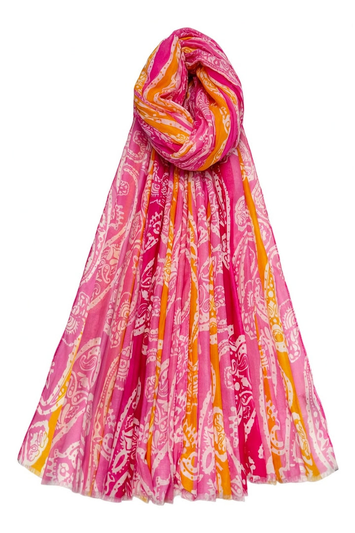 Pink Bright Striped Paisley Print Frayed Scarf