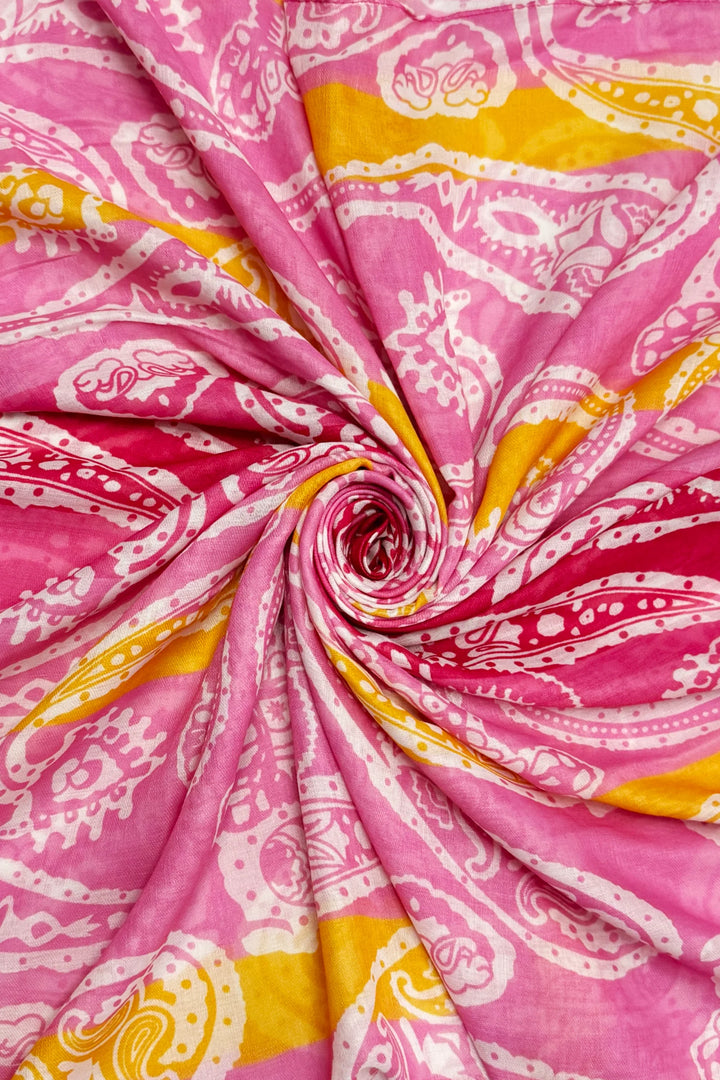 Pink Bright Striped Paisley Print Frayed Scarf