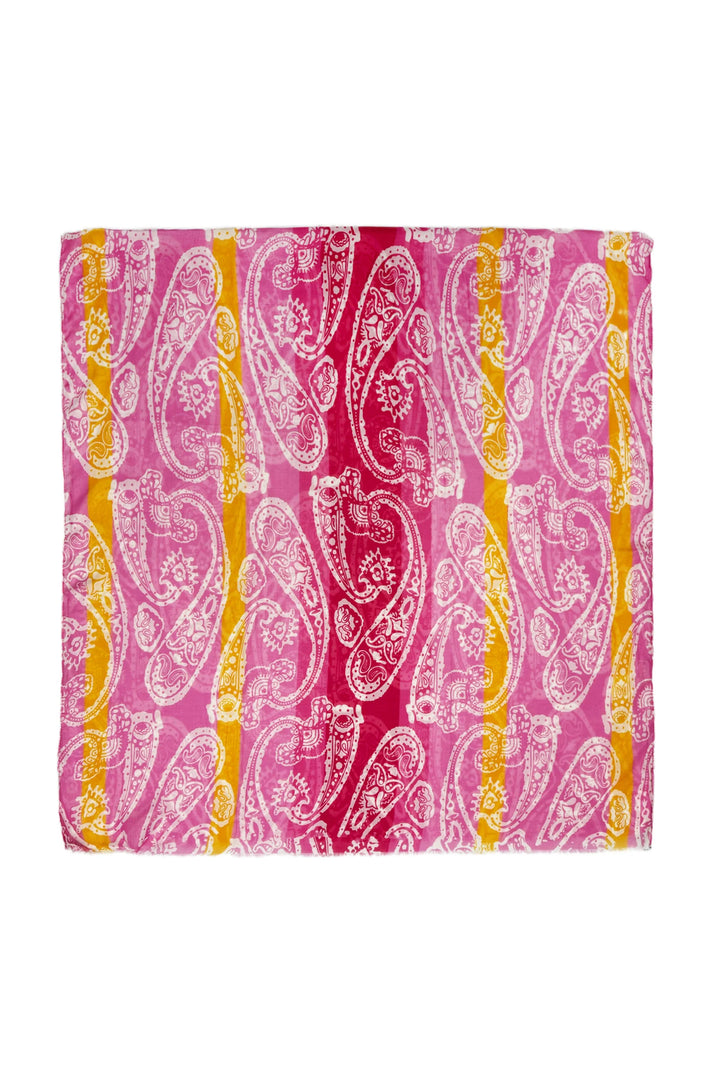 Pink Bright Striped Paisley Print Frayed Scarf