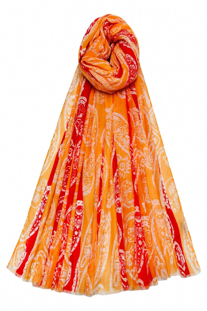 Orange Bright Striped Paisley Print Frayed Scarf