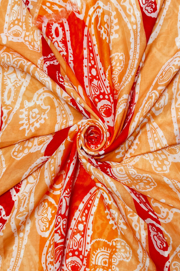 Orange Bright Striped Paisley Print Frayed Scarf