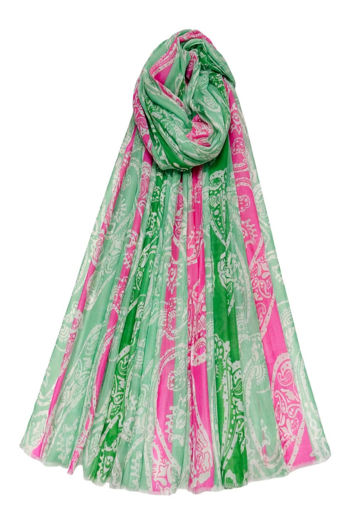 Green Bright Striped Paisley Print Frayed Scarf