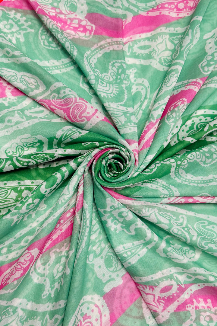 Green Bright Striped Paisley Print Frayed Scarf
