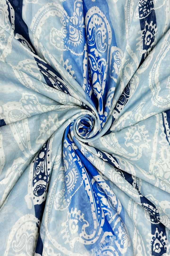 Blue Bright Striped Paisley Print Frayed Scarf