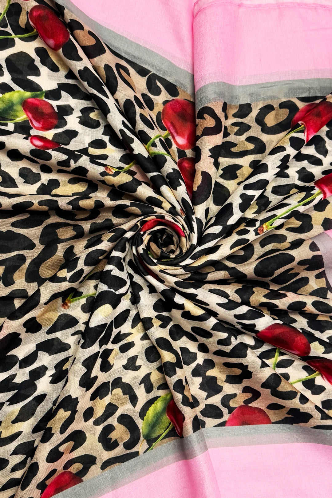 Grey Cherry & Leopard Print Frayed Scarf