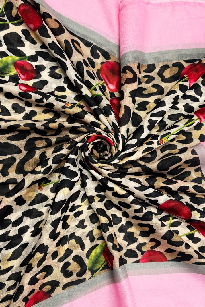 Grey Cherry & Leopard Print Frayed Scarf