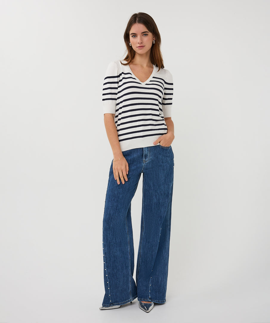 EsQualo Off White & Navy Short Sleeve Striped Knitted Sweater