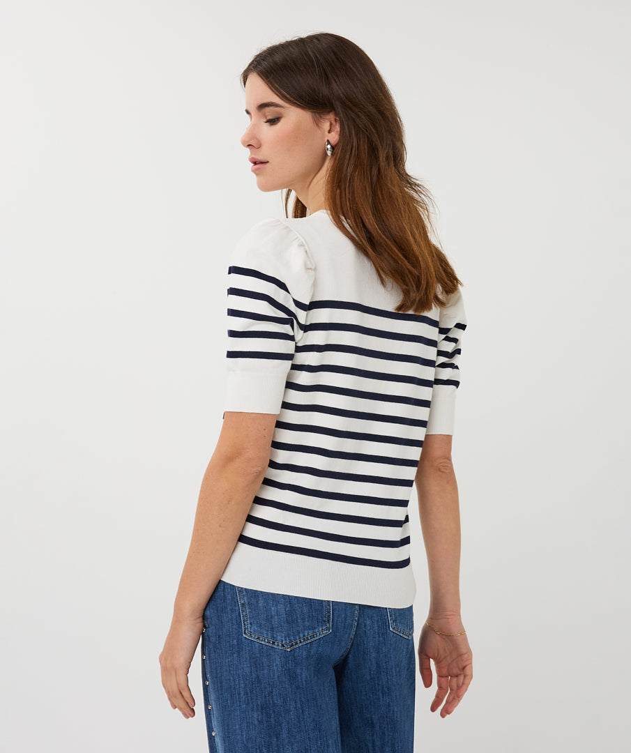 EsQualo Off White & Navy Short Sleeve Striped Knitted Sweater