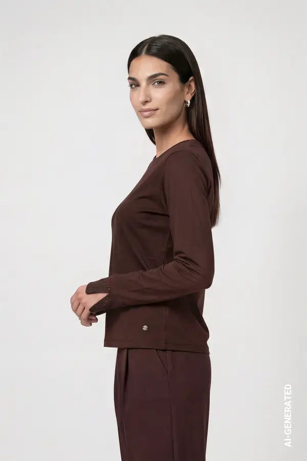 Monari Long Sleeve Top with Rhinestone Details, Black Coffee