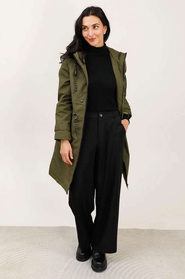 Long Khaki Waterproof Parka with Hood