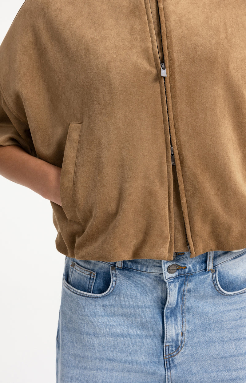 YAYA Oversized Suedine Jacket with Short Sleeves, Brown
