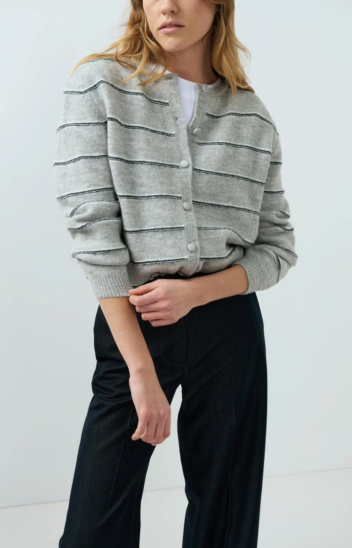 YAYA Striped Knitted Cardigan, Medium Grey Melange